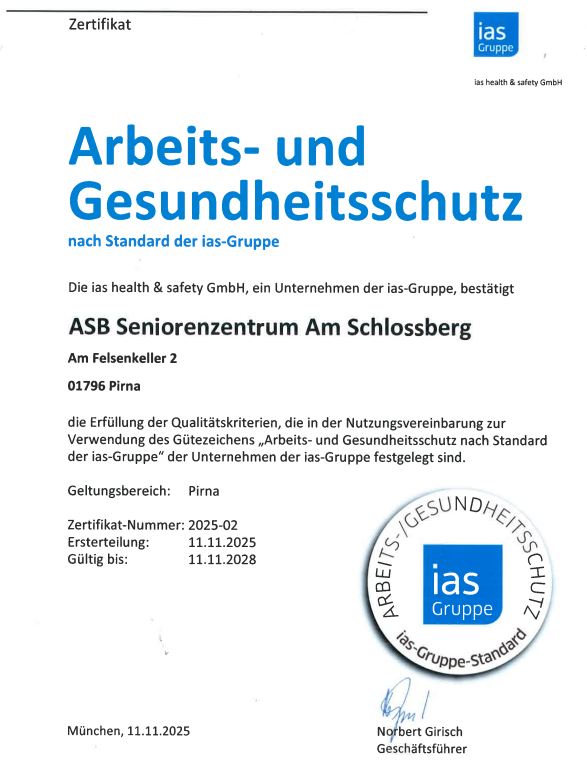 Zertifikat - Auszeichnung für vorbildlichen Arbeits- und Gesundheitsschutz